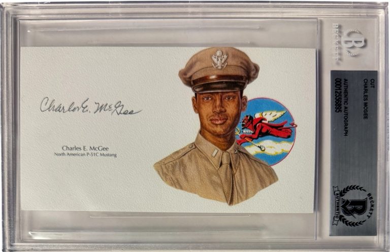 Charles E. McGee signed Tuskegee Airmen P51 Mustang  3”x5.5” cut sig–BAS/Beckett