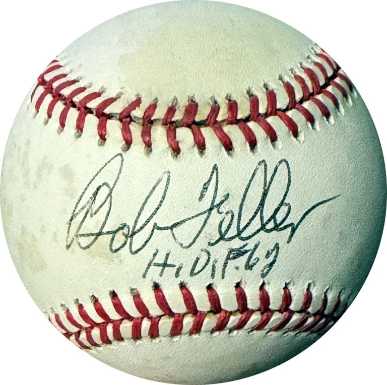 Bob Feller signed Official Rawlings American League Baseball HOF 62 toned- COA