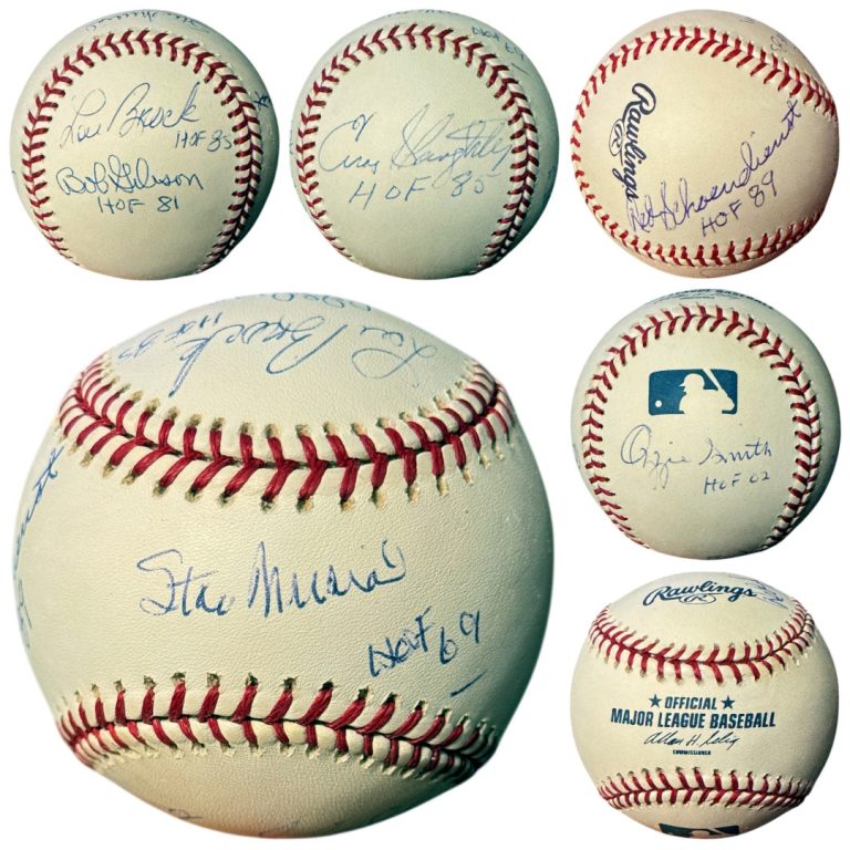 Cardinals HOF Legends Signed Ofc OML Baseball 6-Sig- Beckett-Musial/Gibson/Brock