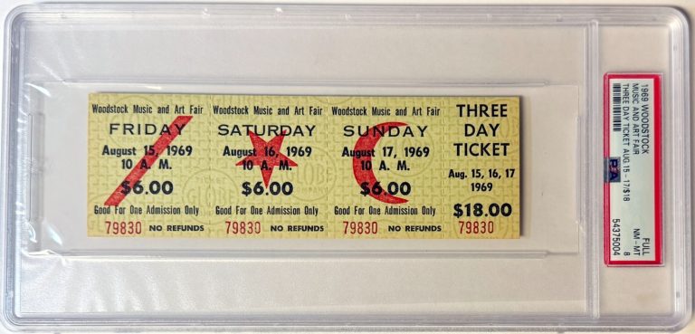 1969 Woodstock Music Art Fair FESTIVAL RARE-PSA NM-MT 8-3 Day $18 Advance Ticket