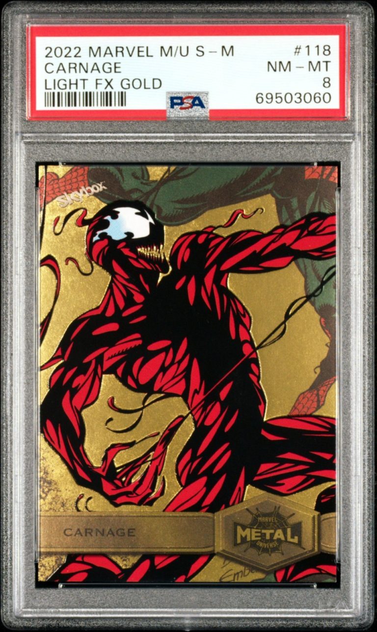 2022 Skybox Marvel Metal Spiderman Carnage Light FX Gold #118-PSA Graded 8 NM-MT