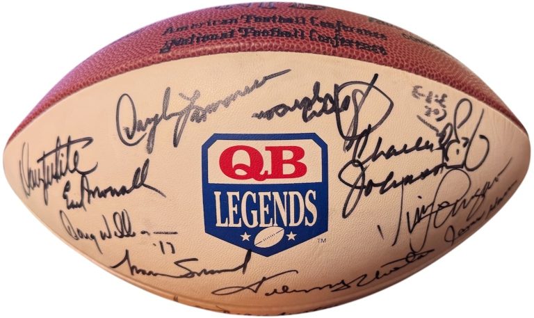 QB Legends signed Wilson NFL WP Football 32 Sigs–Beckett-Unitas/Jurgensen/Dawson