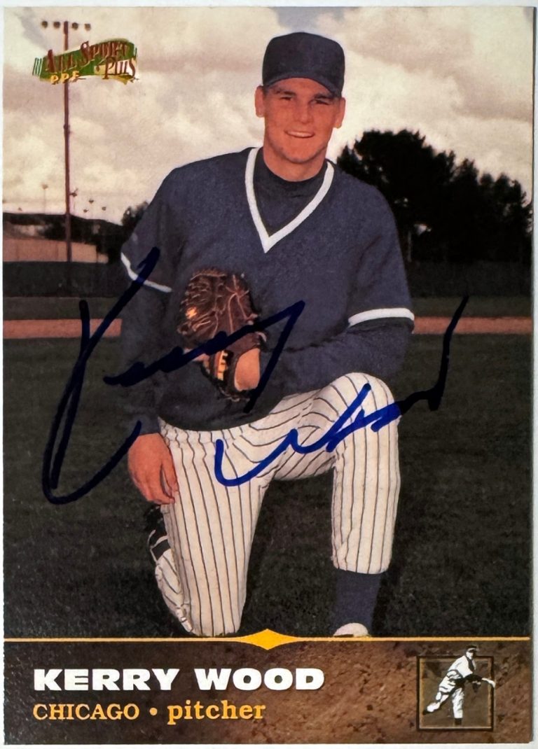 Kerry Wood signed 1996-97 Score Board All Sport PPF RC On Card Auto #166-COA CUB