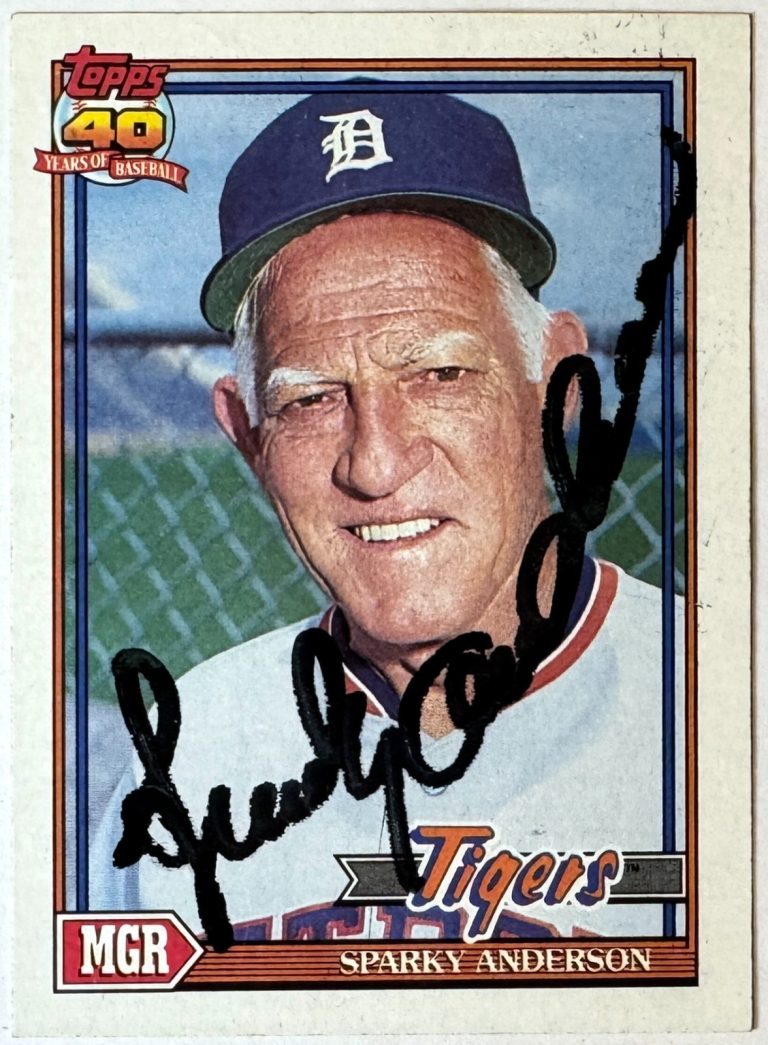 Sparky Anderson signed 1991 Topps On Card Auto #519 imperfect - COA (Tigers)