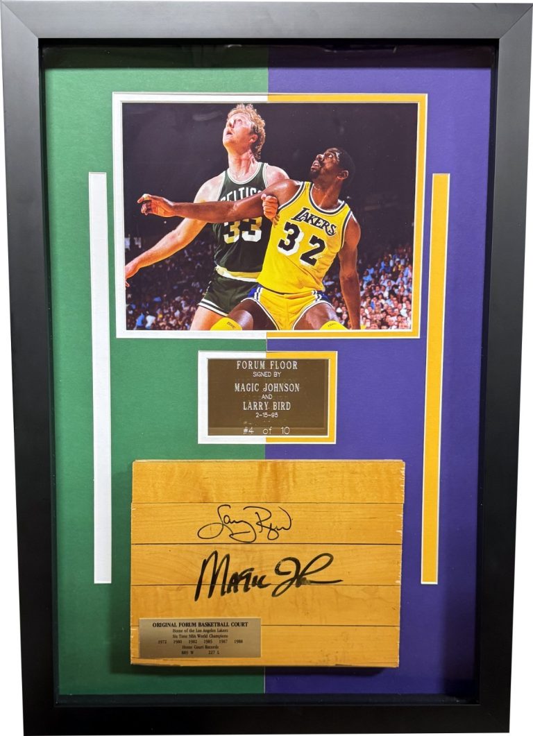 Magic Johnson/Larry Bird Dual Signed Original Forum Floor Piece /10 FRAMED - BAS