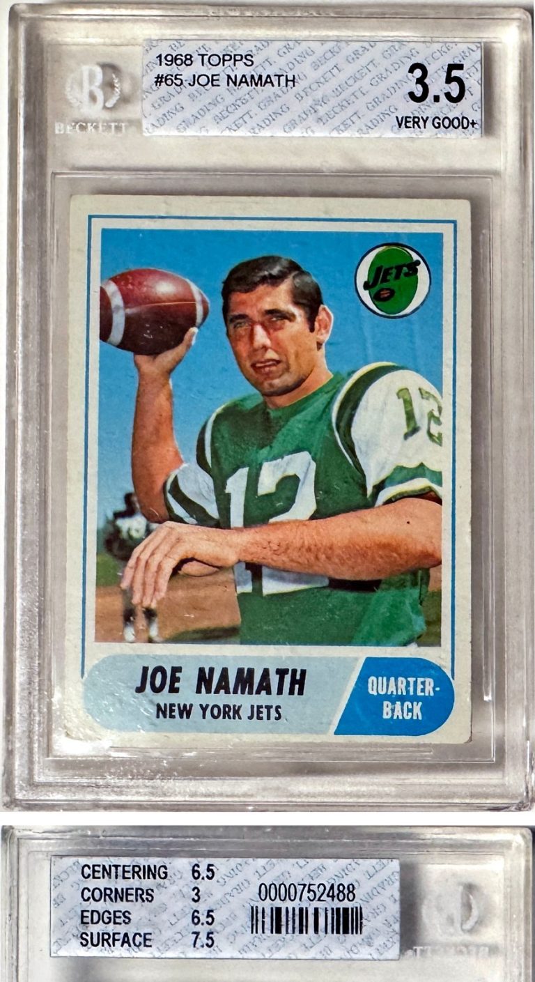 Joe Namath 1968 Topps Card #65- Beckett/BGS Graded 3.5 Very Good+ 7.5/6.5 SUB