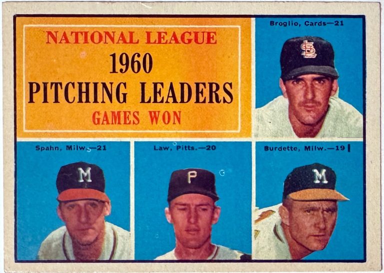 1961 Topps NL Pitching Leaders Warren Spahn/Lew Burdette/Vern Law Card #47
