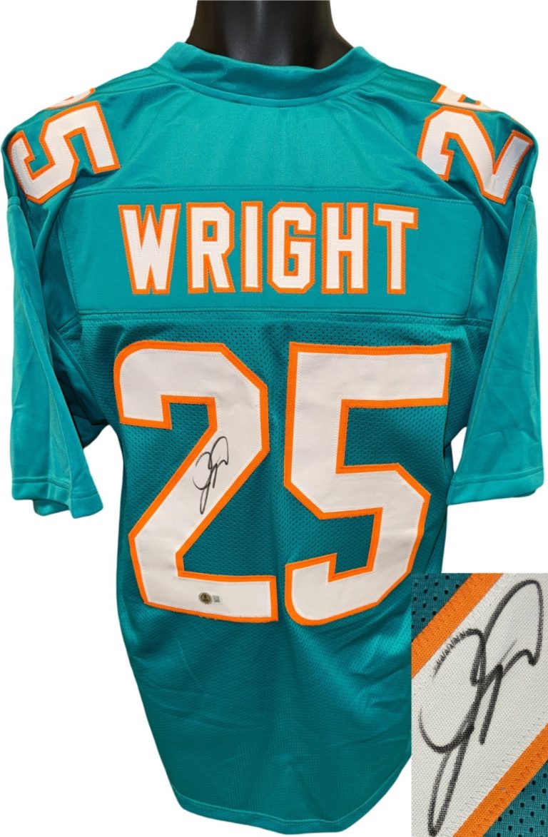 Jaylen Wright signed Miami Teal Custom Stitched Pro Style FB Jersey  XL- Beckett