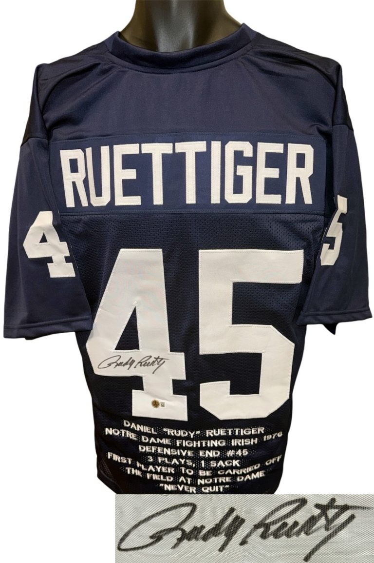 Rudy Ruettiger signed Notre Dame Navy Custom Embroidered Stat Jersey XL- Beckett