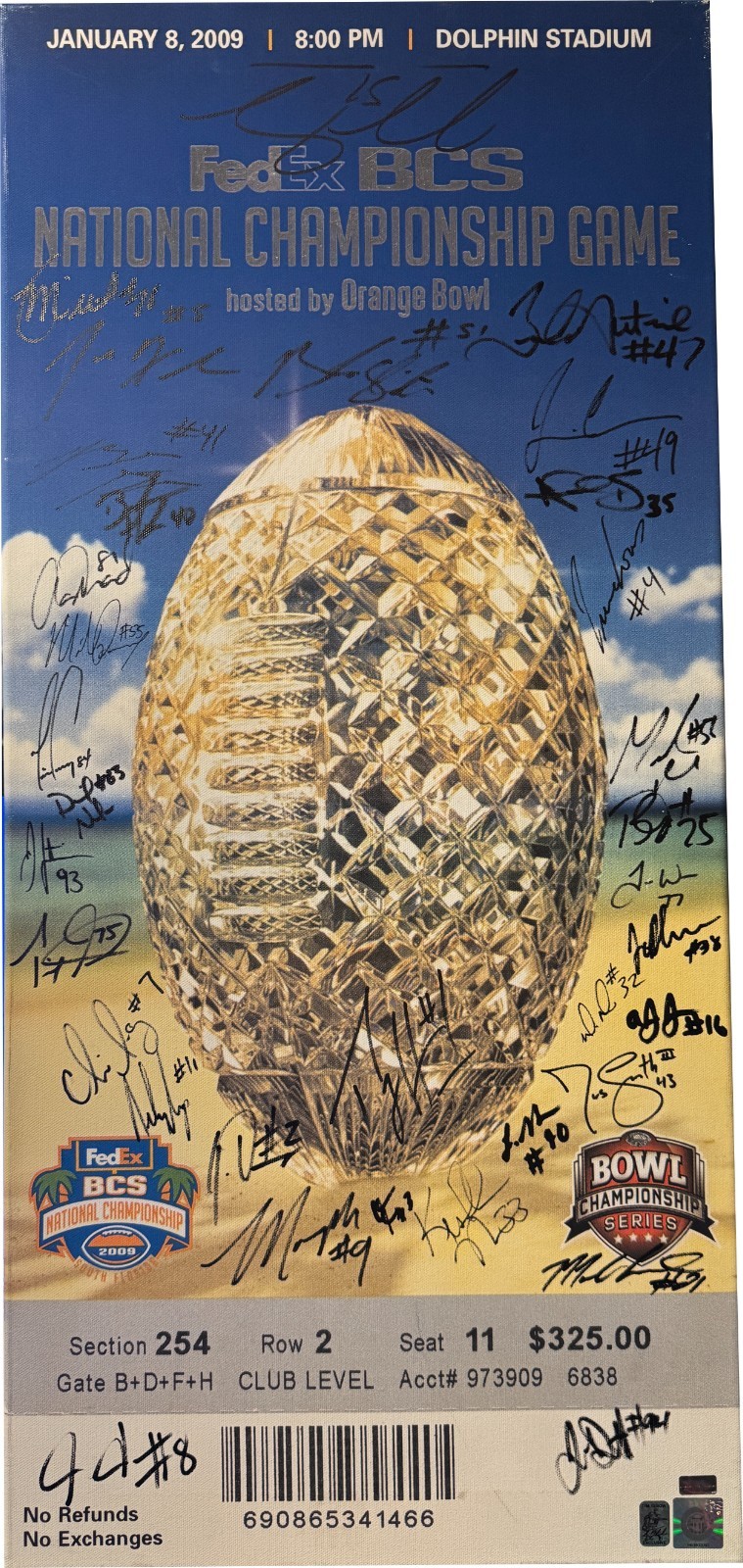 2008 Florida Gators Natl Champs Team Signed 2009 BCS Canvas Mega Ticket -34 Sigs