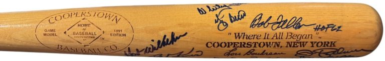 HOF Greats Cooperstown Model Bat 12 Sigs–Beckett Boudreau/ Williams/Kiner/Feller