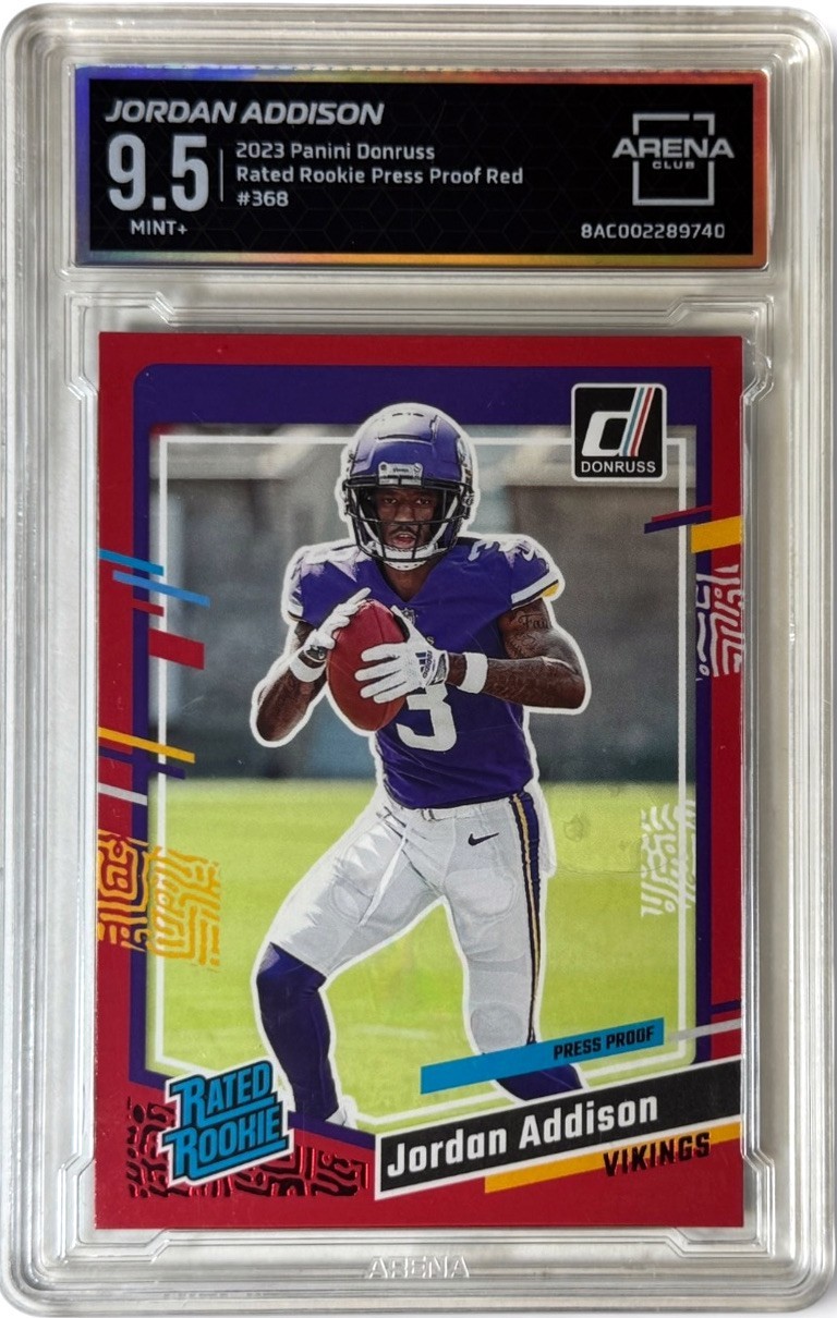 Jordan Addison 2023 Donruss Press Proof Red RC Card #368 - Arena Club Graded 9.5