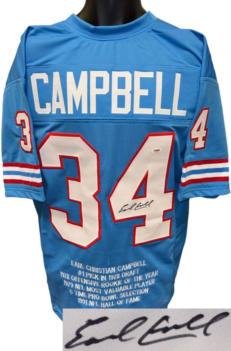 Earl Campbell signed Houston Blue Custom Stitched Pro Style Stat Jersey XL- PSA