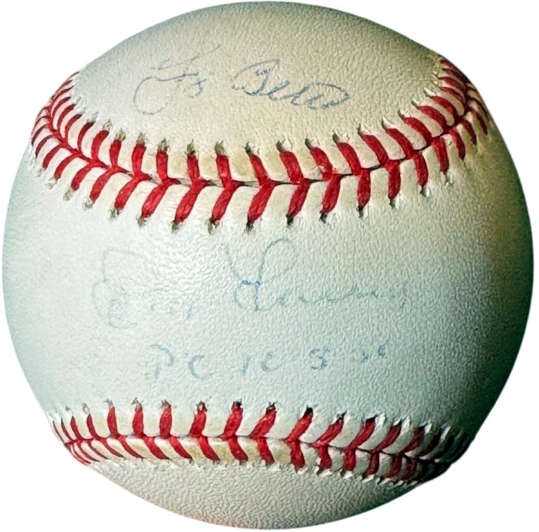 Don Larsen/Yogi Berra signed Rawlings OFC ROAL Baseball PG 10-8-56 faded - COA