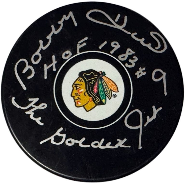 Bobby Hull signed NHL Chicago Blackhawks Logo Puck dual HOF/Golden Jet #9  - PSA