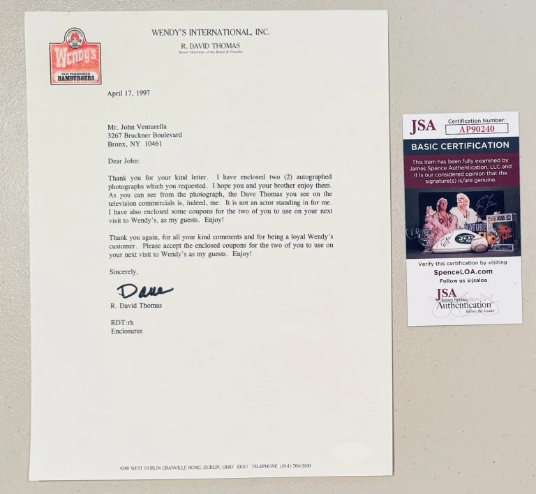Dave Thomas Autographed 8.5 x 11 Typed Letter Signed JSA Wendy’s Founder CEO