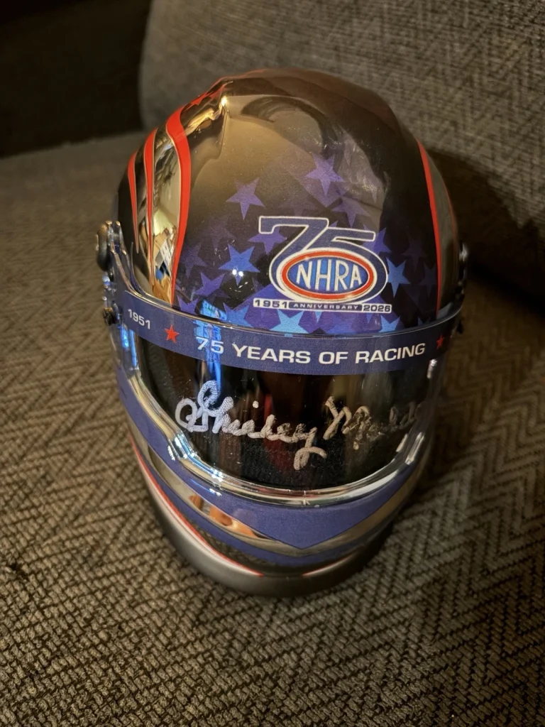 Shirley Mukdowney Signed Mini Helmet 75th Anniversary Of NHRA 2026 Smeared
