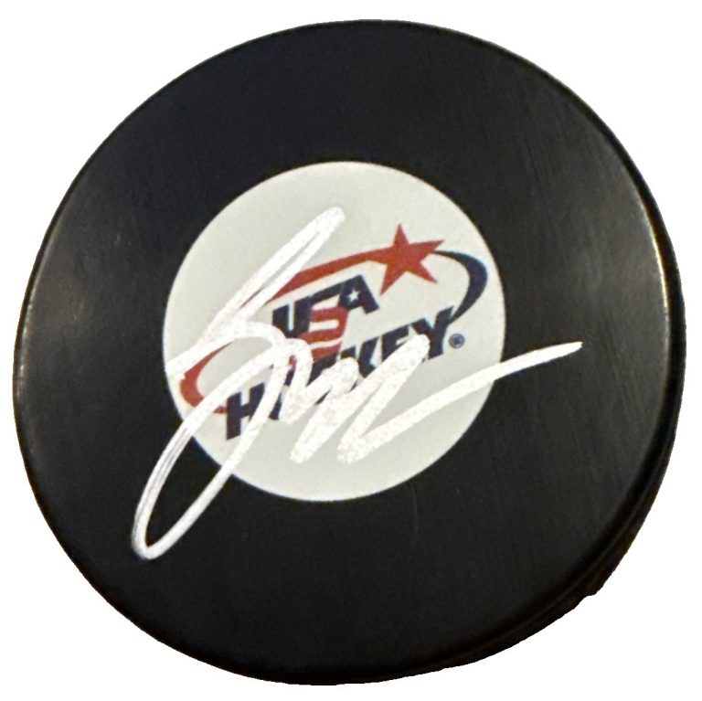 LANE HUTSON signed (TEAM USA) Montreal Canadiens hockey puck BECKETT BW61554