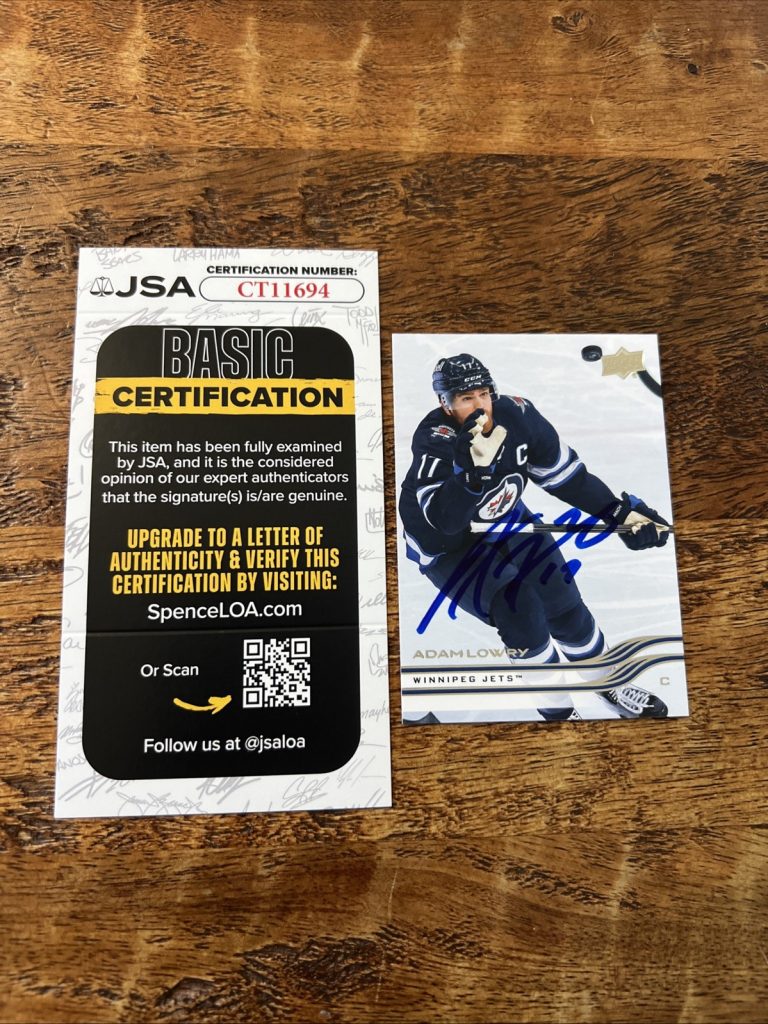 Adam Lowry IP Signed Upper Deck Card JSA Coa Jets Autographed