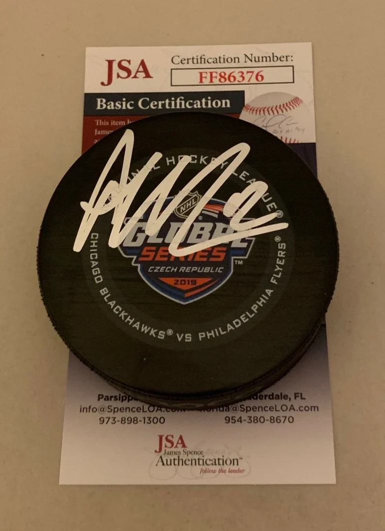 Alex DeBrincat Chicago Blackhawks signed 2019 Global Series Game Puck Hawks JSA