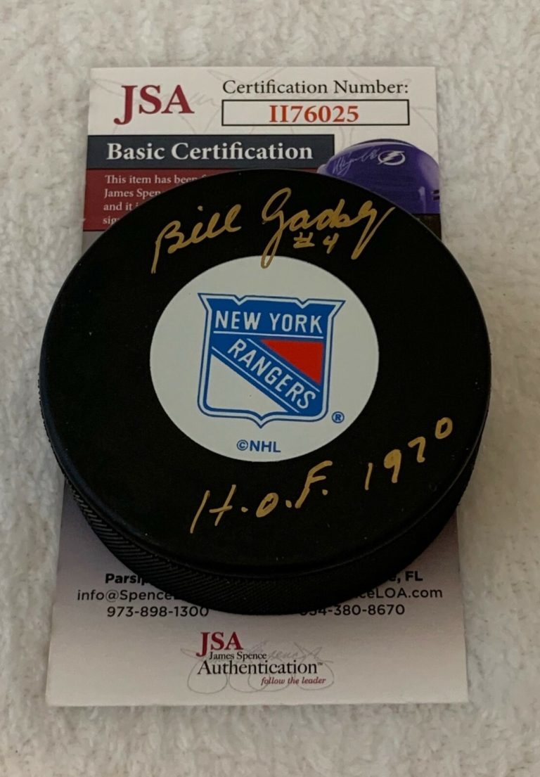 Bill Gadsby signed New York Rangers puck W/ HOF Inscription autographed JSA