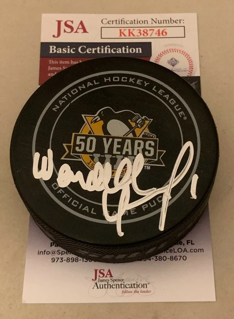 Wendell Young signed Pittsburgh Penguins 50th Anniversary Game Puck JSA