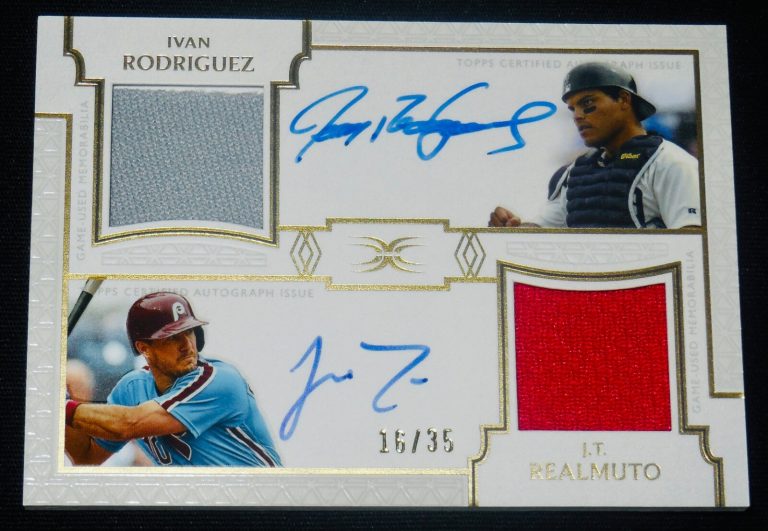 IVAN RODRIGUEZ & J.T. REALMUTO AUTOGRAPHED DUAL RELIC BASEBALL CARD #16 of 35!