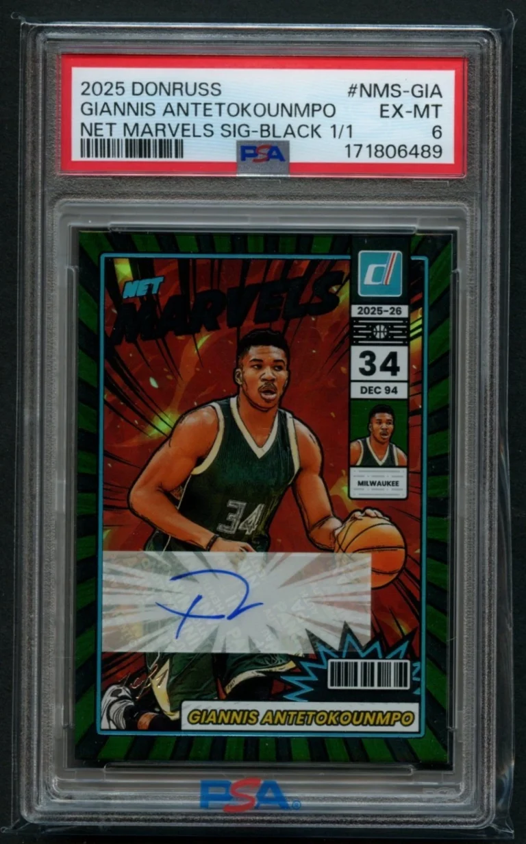 Giannis Antetokounmpo signed auto 2025 Donruss Net Marvels Sig Black 1/1 PSA 6