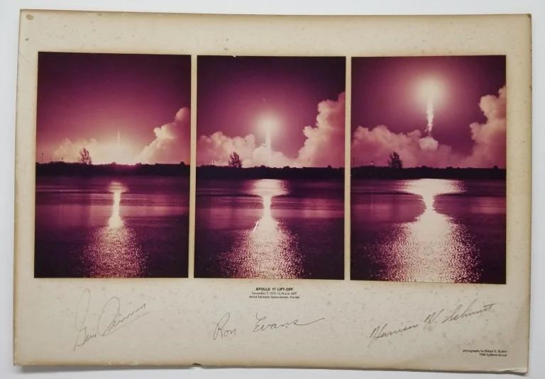 Apollo 17 Crew SIGNED Lift-Off Photo Board JSA LOA Cernan Evans Schmitt NASA