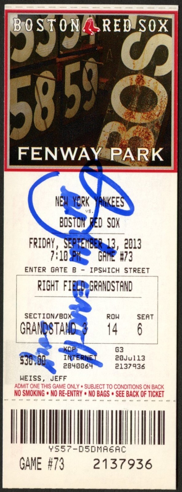 Bill Lee signed autograph Baseball Player Red Sox September 13 2013 Game Ticket