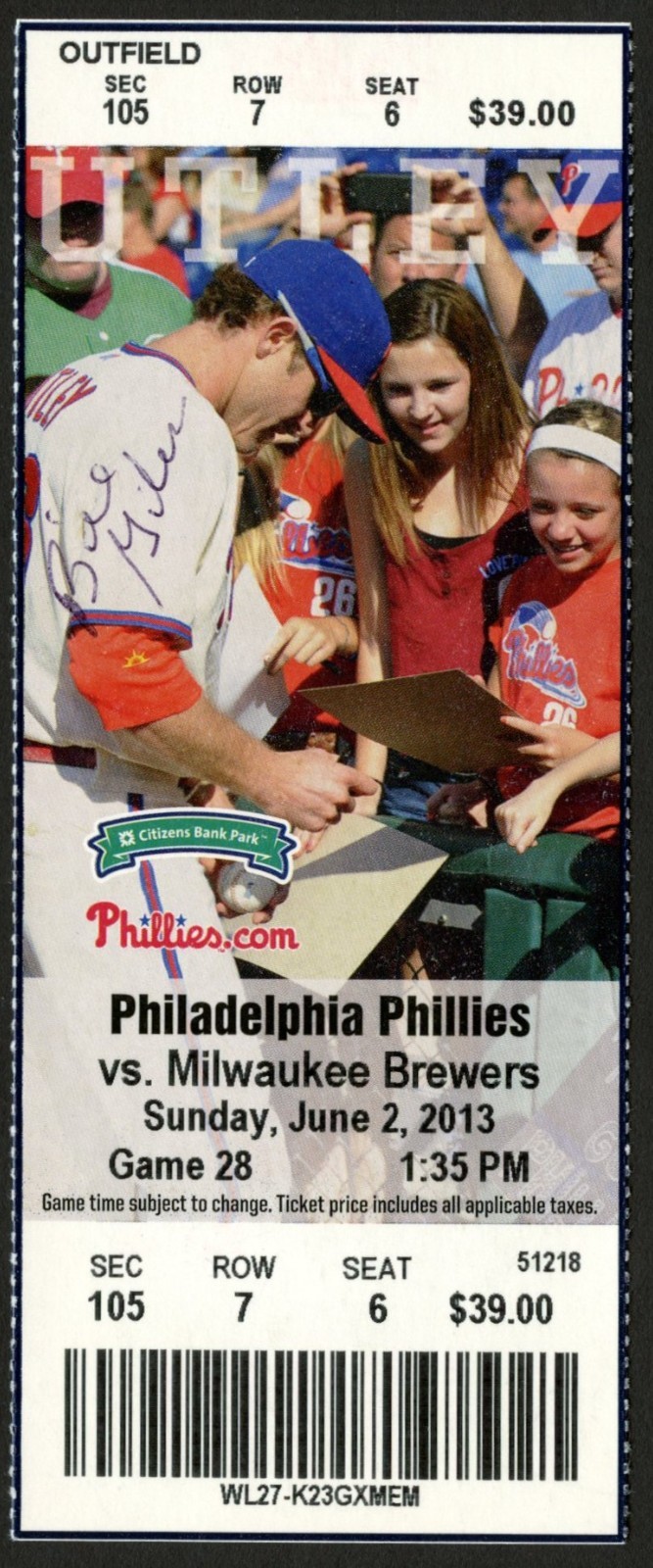 Bill Giles signed autograph Baseball Executive June 2 2013 Game Ticket