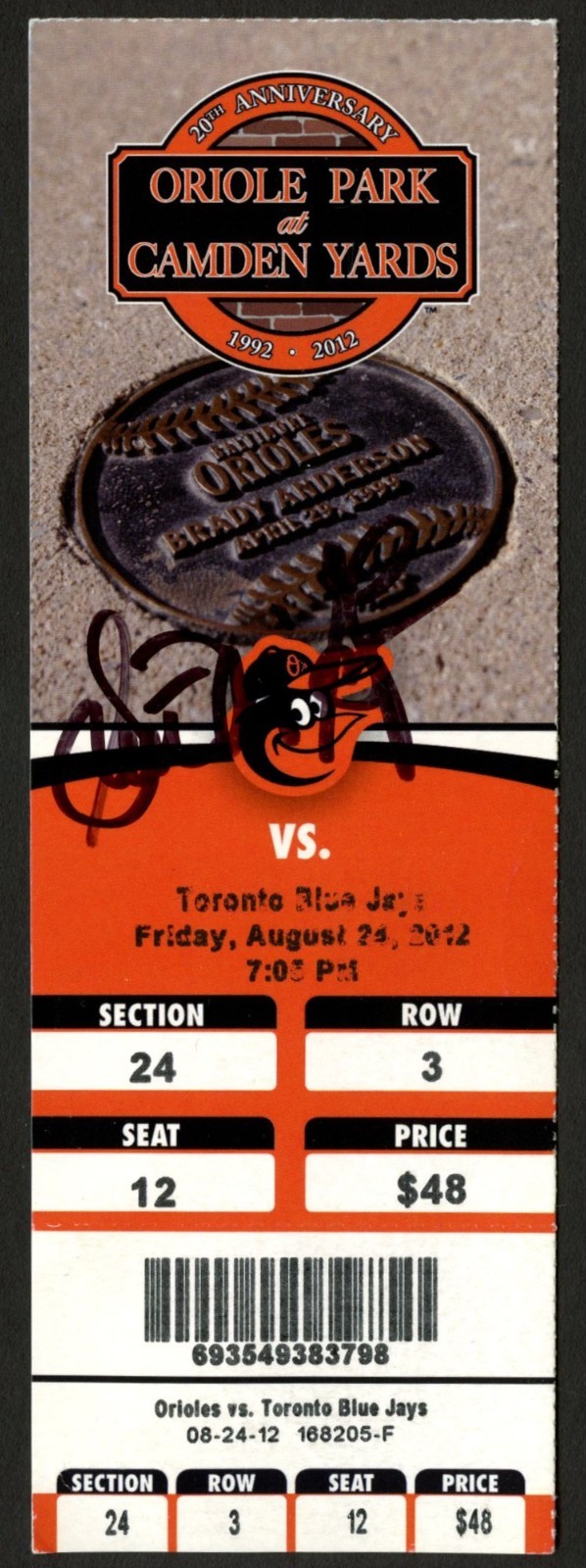 Scott McGregor signed autograph Baseball Manager August 24 2012 Game Ticket