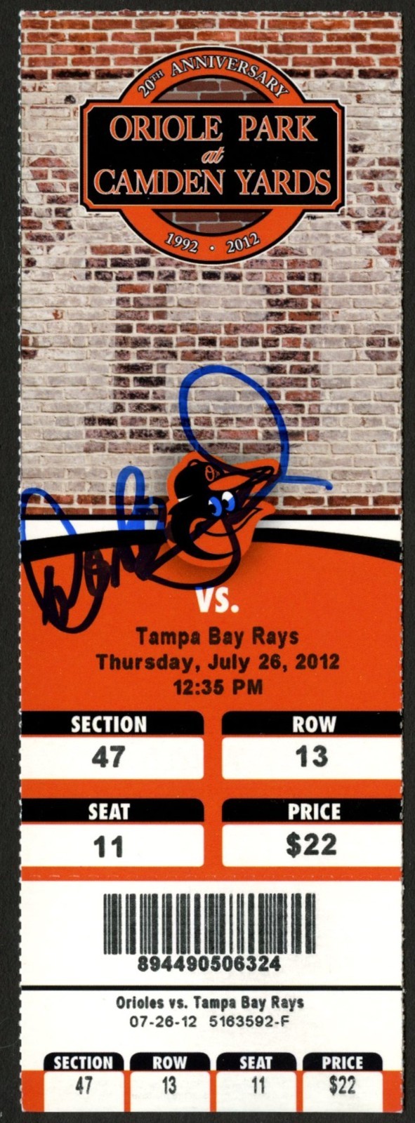 Don Buford signed autograph Baseball Player July 26 2012 Game Ticket