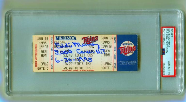 Eddie Murray Signed 3000th Hit Game Ticket 6/30/1995 w/ Inscription PSA 10 Auto