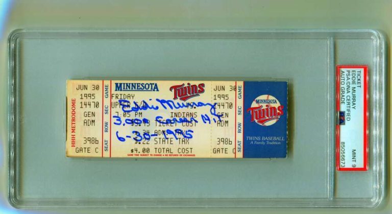 Eddie Murray Signed 3000th Hit Game Ticket 6/30/1995 w/ Inscription PSA 9 Auto