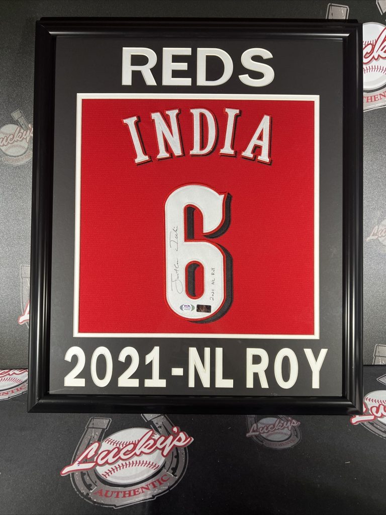 Jonathan India Signed Framed Custom Red Jersey w/ 2021 NL ROY Reds PSA ITP COA