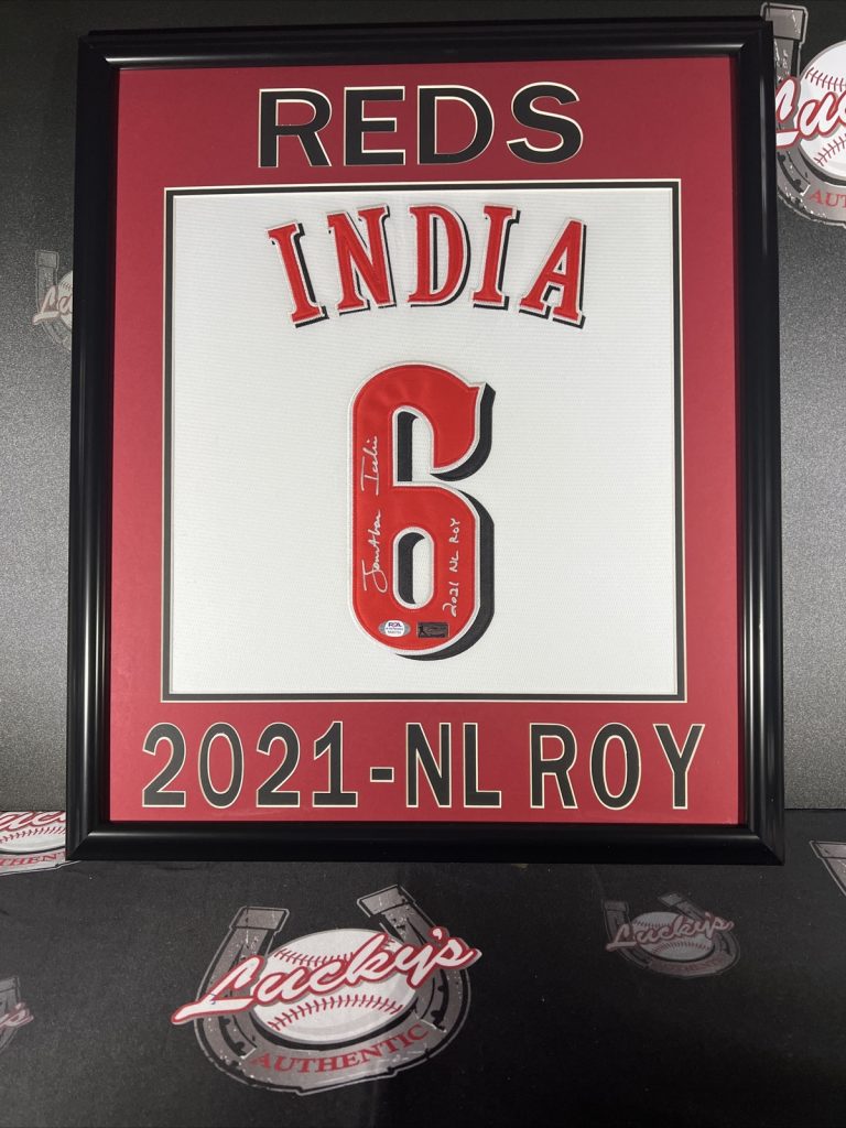 Jonathan India Signed Framed White Custom Jersey w/ 2021 NL ROY PSA COA