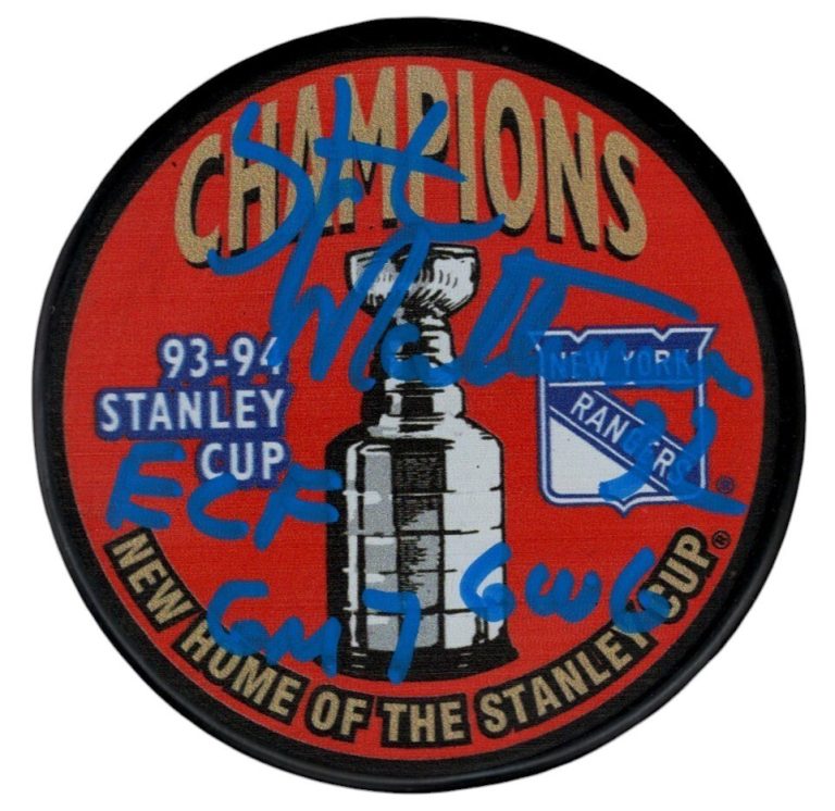 Stephane Matteau Signed Rangers 1994 Cup Puck w/ ECF GM 7 GWG Beckett W BAS COA