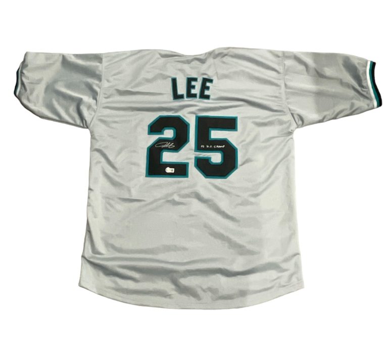 Derrek Lee Signed Florida Marlins Custom Jersey w 03 WS Champs Beckett W BAS COA