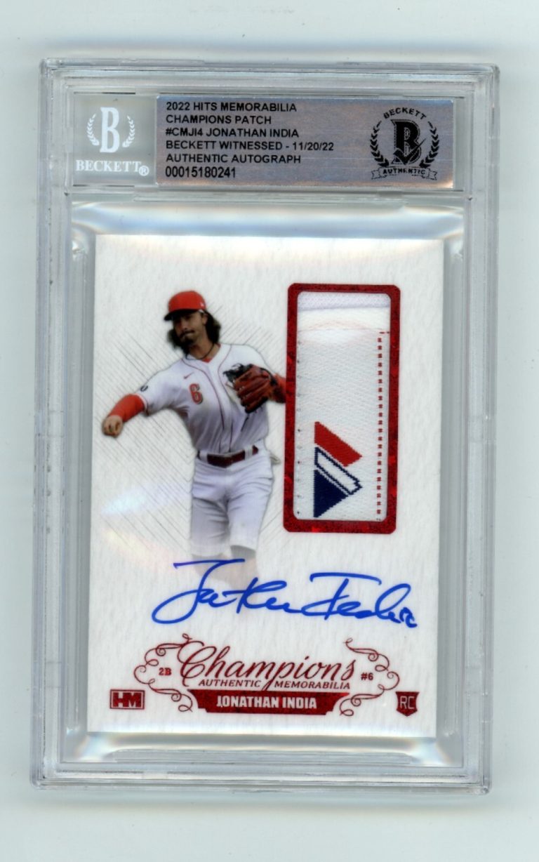 Jonathan India 2021 Hits Memorabilia Champions Red Majestic Tag Patch Auto RC /3