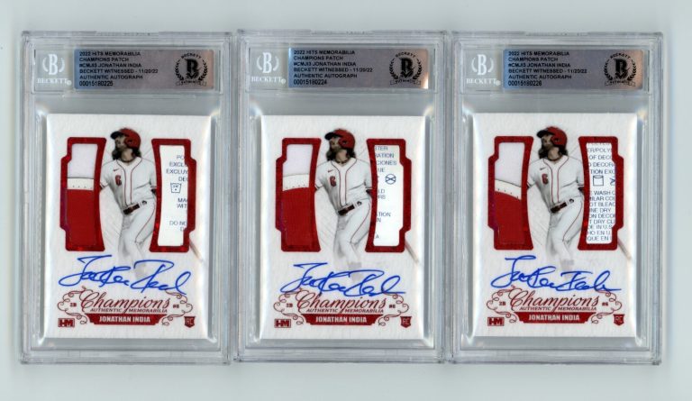 Jonathan India 2021 Hits Memorabilia Champions Red Patch Dual Auto RC /3 BGS BAS