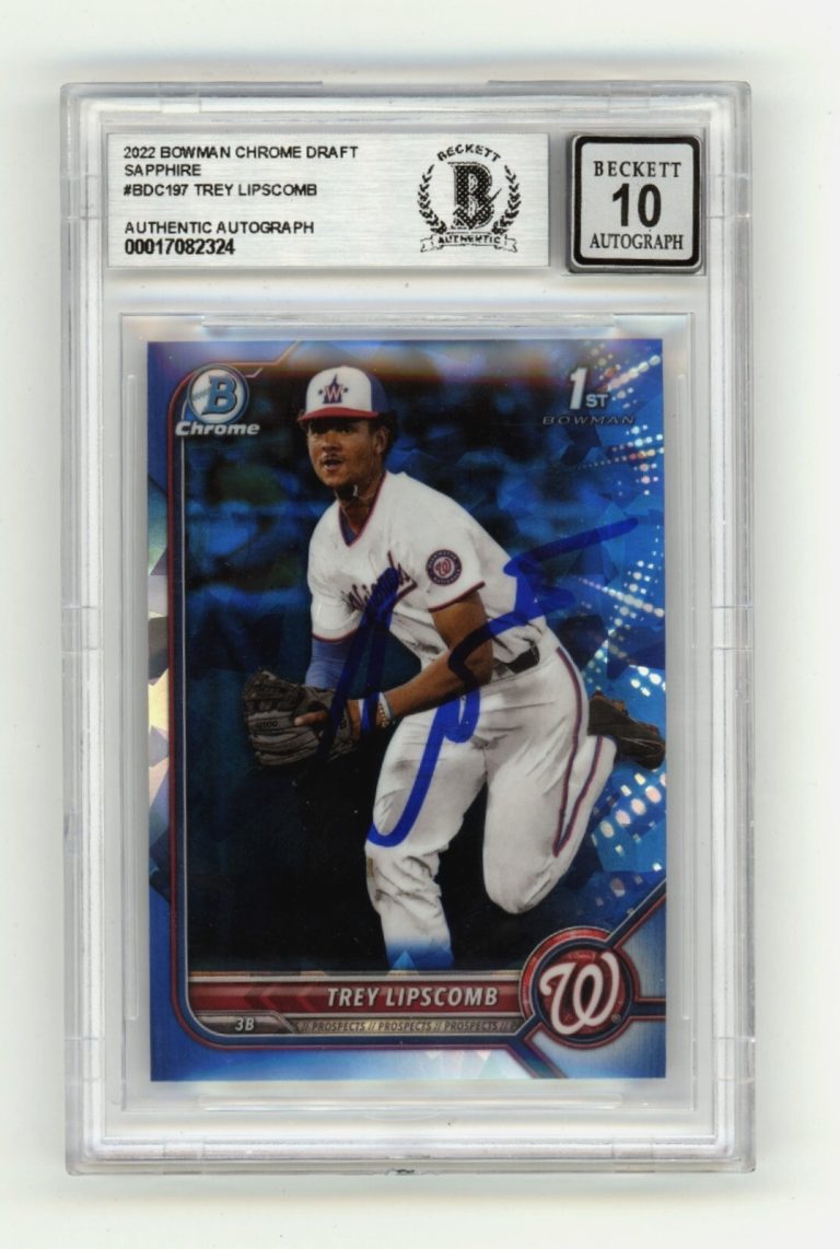 Trey Lipscomb 2022 Bowman Chrome Draft Sapphire #BDC197 Signed BAS BGS 10 Auto
