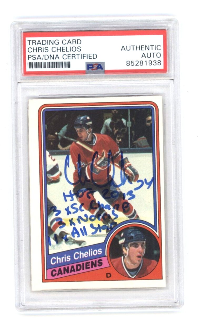 Chris Chelios 1984-85 O-Pee-Chee OPC Rookie Card RC w/ 4 Insc Signed PSA Auto