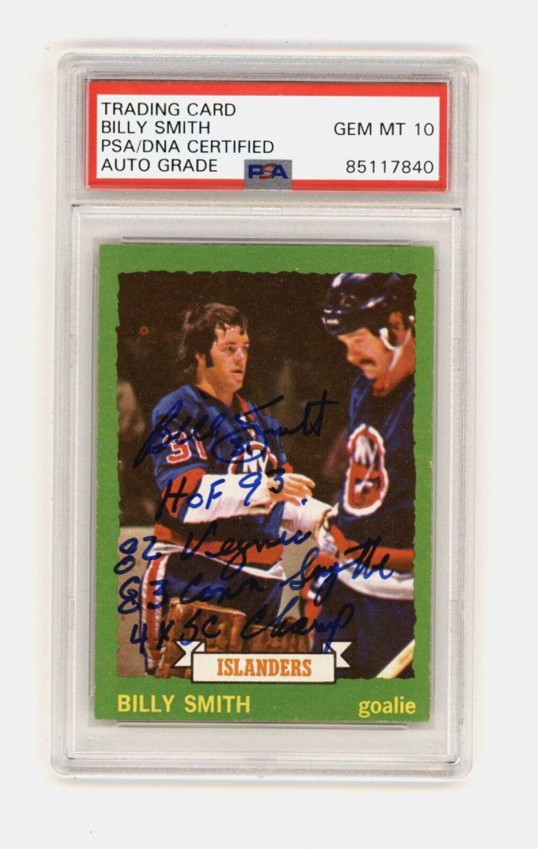 Billy Smith 1973-74 Topps #162 Signed Rookie RC w/ 4 Insc. PSA 10 Auto Islanders