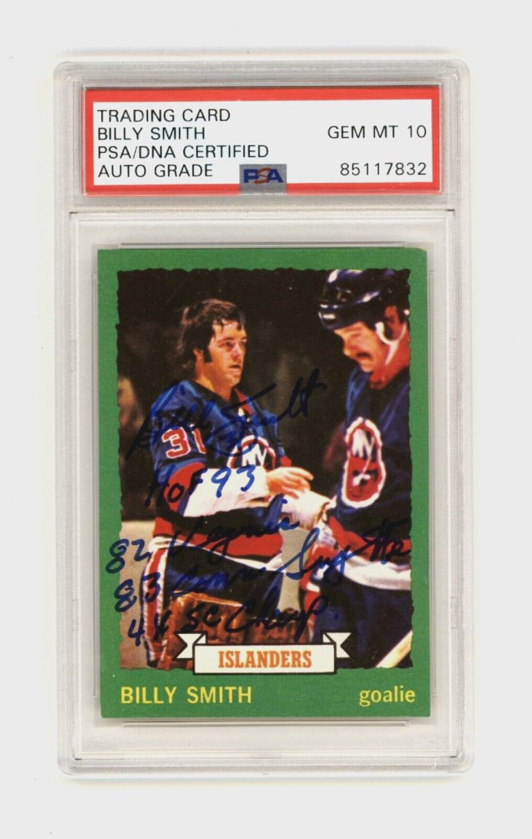 Billy Smith 1973-74 O-Pee-Chee #142 Signed Rookie RC 4 Ins PSA 10 Auto Islanders
