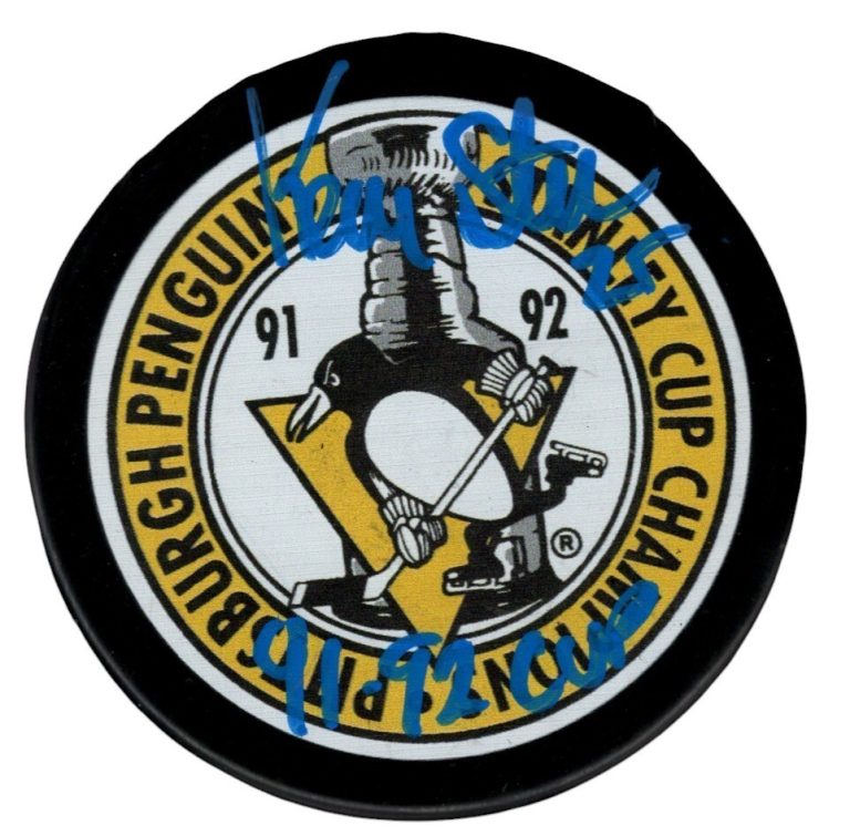 Kevin Stevens Signed Penguins 1992 Cup Puck w/ 91-92 Cup Beckett Witness BAS COA