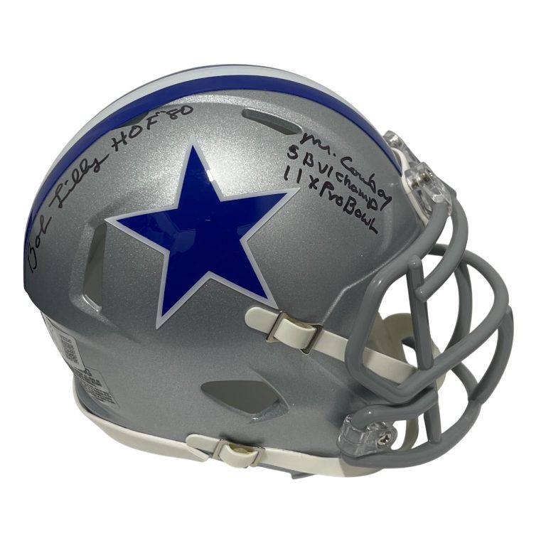Bob Lilly Signed TB 64-66 Cowboys Mini Helmet w/ 4 Ins Beckett Witness BAS COA