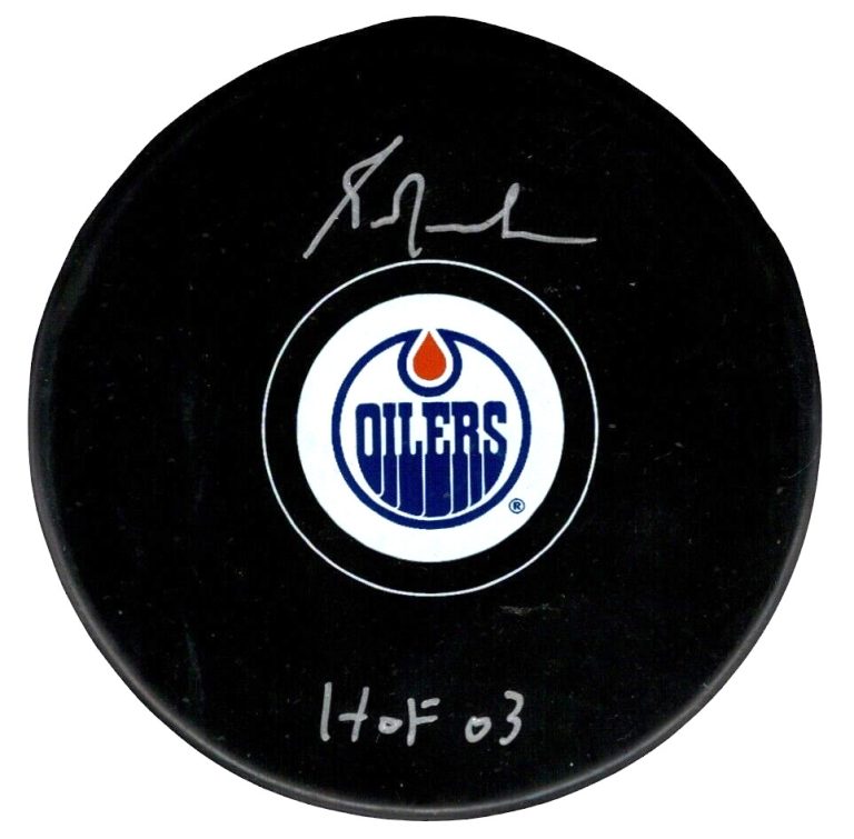 Grant Fuhr Signed Edmonton Oilers Logo Puck w/ HOF 03 Beckett Witness BAS COA