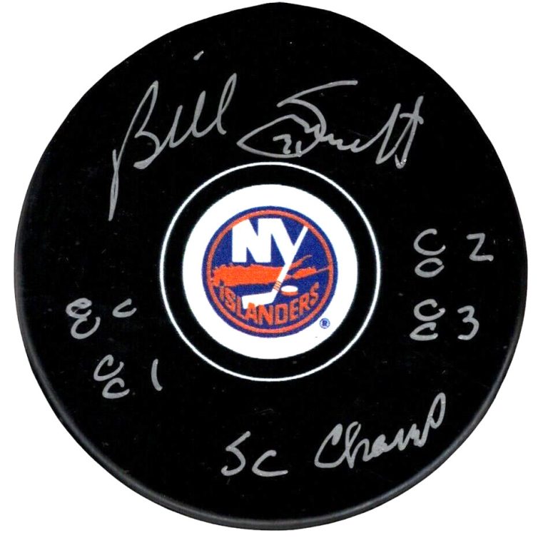 Billy Smith Signed Islanders Puck w/ 80 81 82 83 SC Champ Beckett Wit BAS COA
