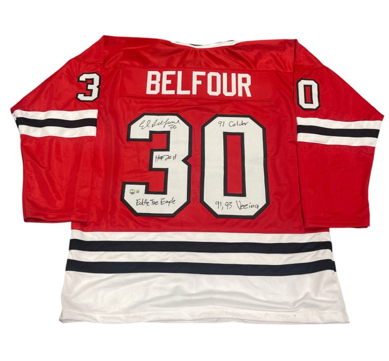 Ed Belfour Signed Chicago Blackhawks Custom Jersey w/ 4 Insc Beckett Wit BAS COA